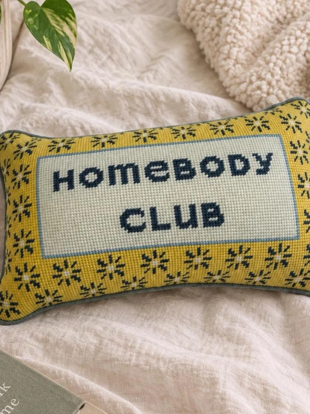 Homebody Club Needlepoint Lumbar Accent Pillow Yellow Blue NWT